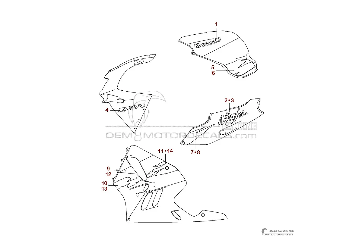 Pegatinas para Kawasaki ZX9R 1997 - Rojo • Kawasaki Pegatinas OEM