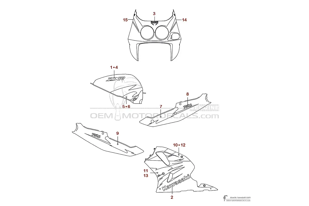 Autocollants pour Kawasaki ZXR750 1995 - Ebony • Kawasaki Autocollants OEM