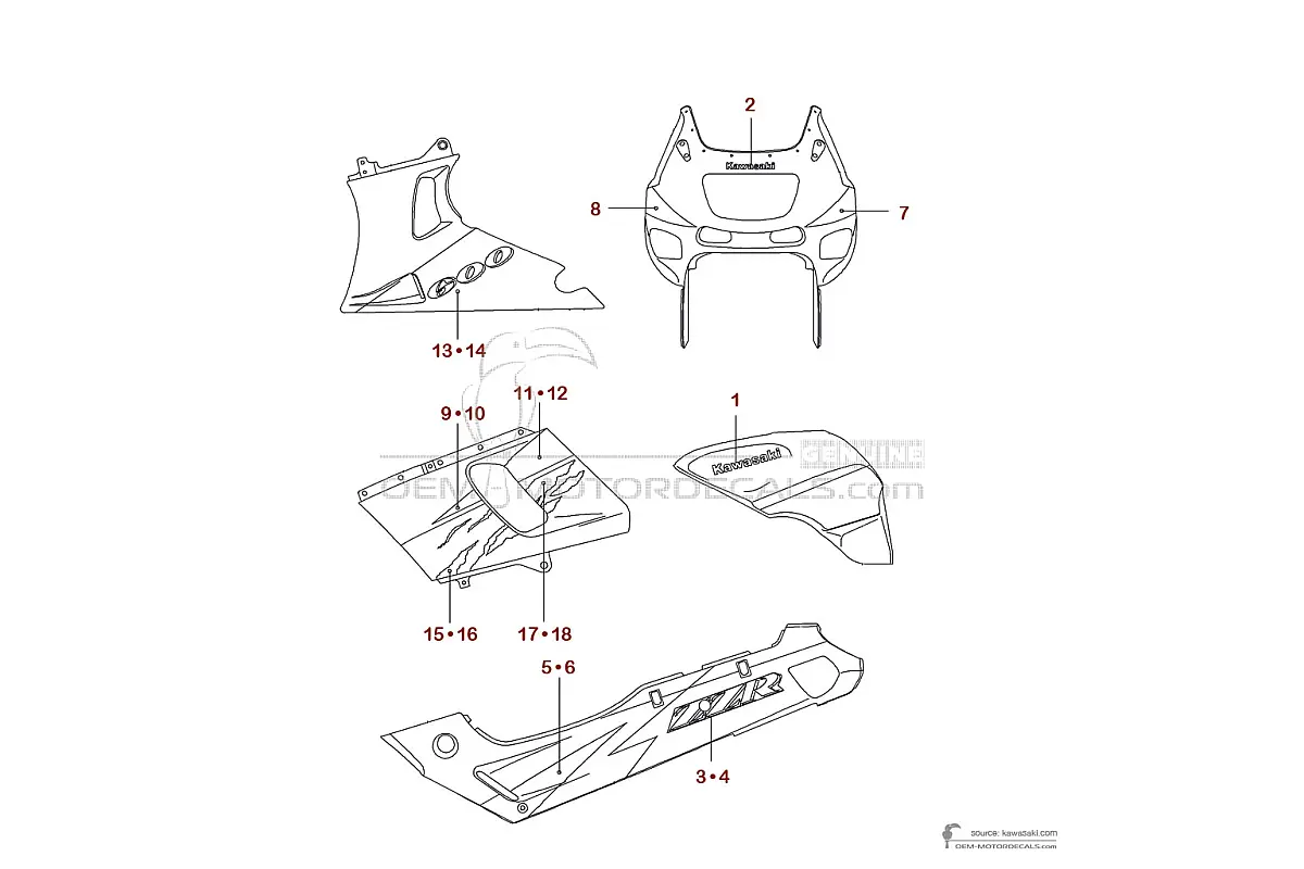 Autocollants pour Kawasaki ZZR600 1994 - Rouge • Kawasaki Autocollants OEM