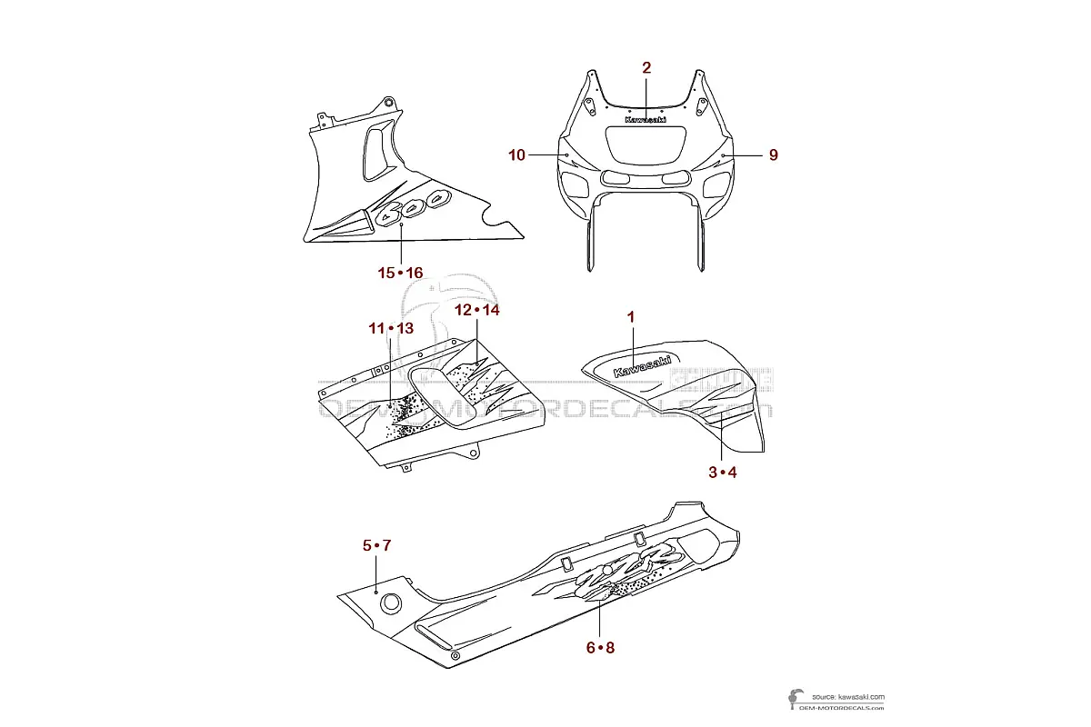 Naklejki do Kawasaki ZZR600 1995 - Czerwony • Kawasaki Naklejki OEM