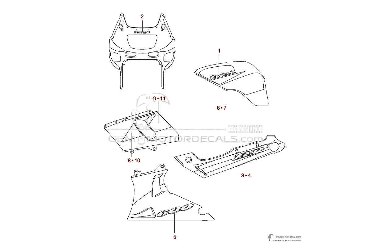 Naklejki do Kawasaki ZZR600 1999 - Czerwony • Kawasaki Naklejki OEM