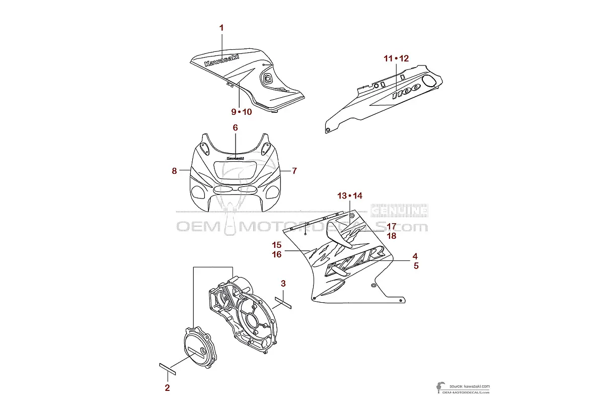 Adesivi per Kawasaki ZZR1100 1994 - Rosso • Kawasaki Adesivi OEM