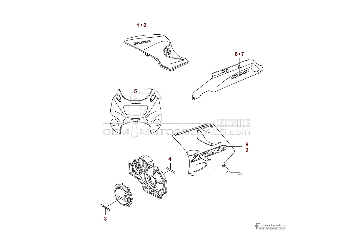 Stickers voor Kawasaki ZZR1100 1997 - Rood • Kawasaki OEM Stickers