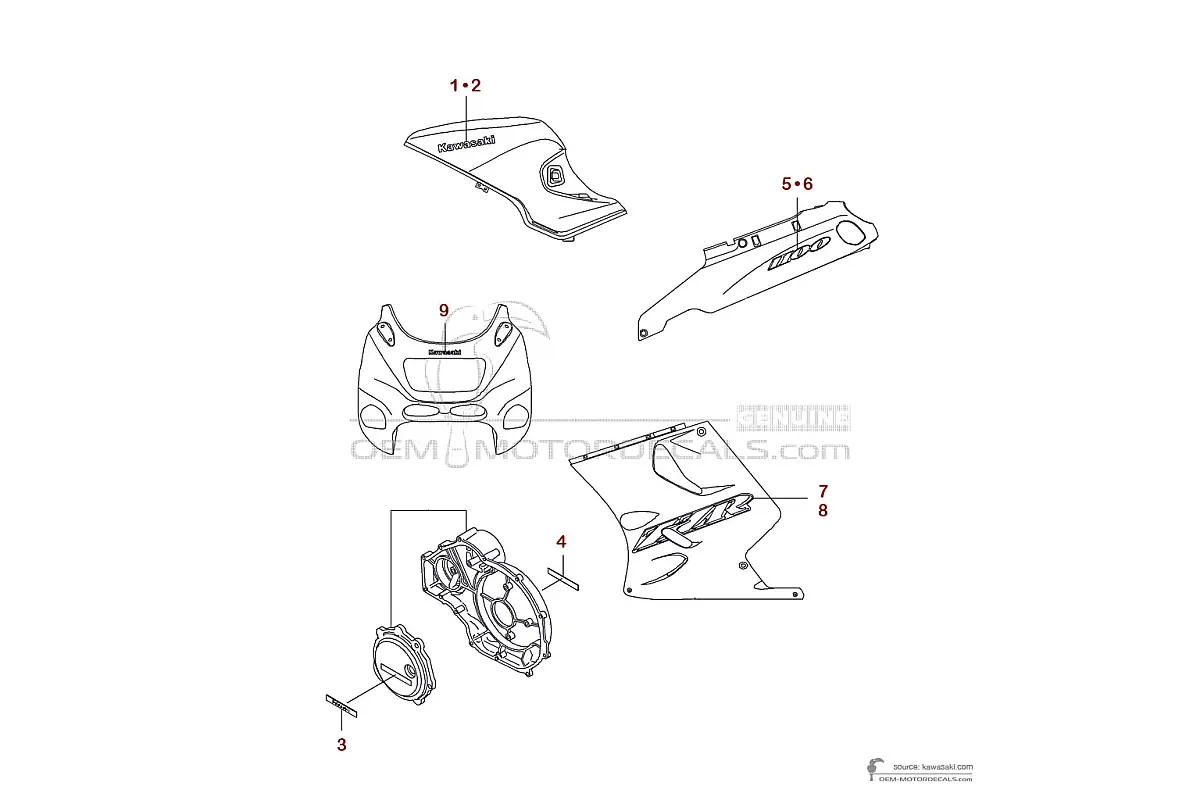 Stickers voor Kawasaki ZZR1100 1998 - Rood • Kawasaki OEM Stickers