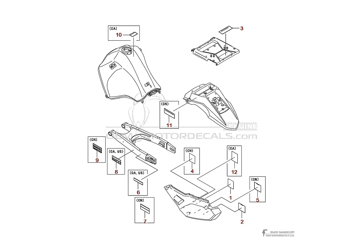 Adesivi per Kawasaki KLR650 2006 - Etichette di avvertenza • Kawasaki Adesivi OEM