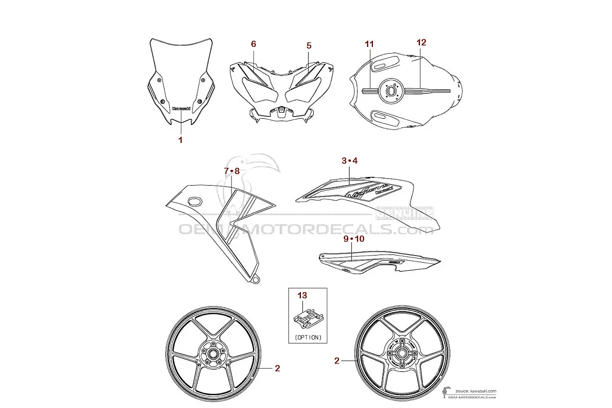 Autocollants pour Kawasaki KLE650 VERSYS 2024 - Gris Rouge • Kawasaki Autocollants OEM