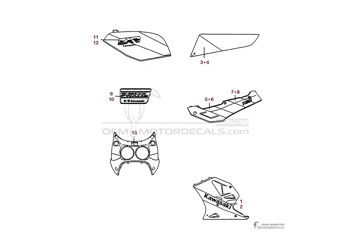 Pegatinas para Kawasaki ZXR750  | ZX750 1989 - Rojo • Kawasaki Pegatinas OEM