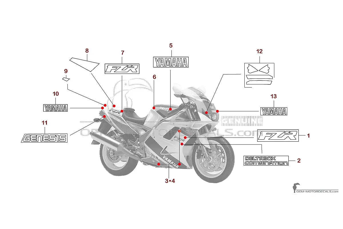 Autocollants pour Yamaha FZR1000 1992 - Blanc • Yamaha Autocollants OEM