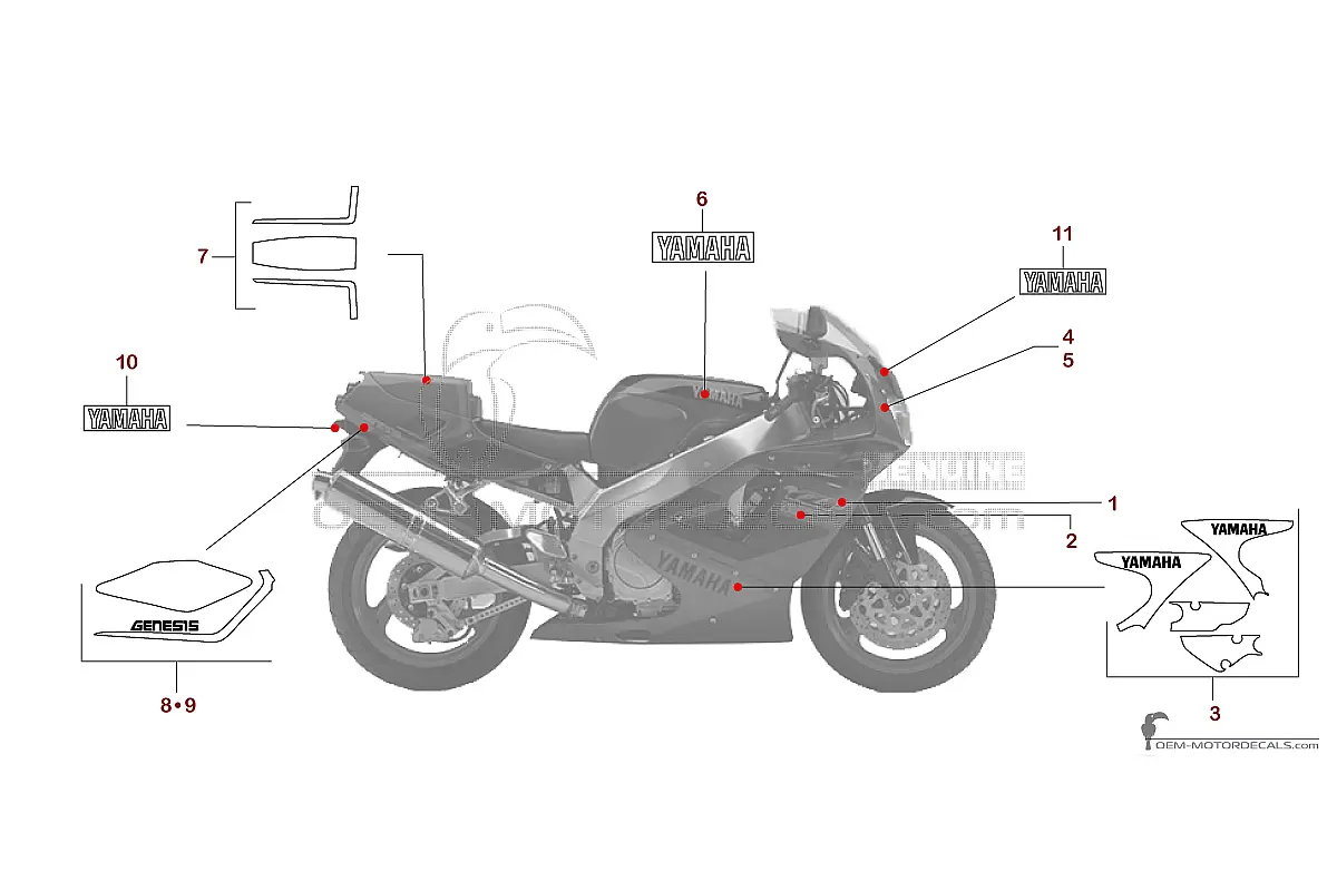 Stickers voor Yamaha YZF750R 1993 - Donkergrijs • Yamaha OEM Stickers