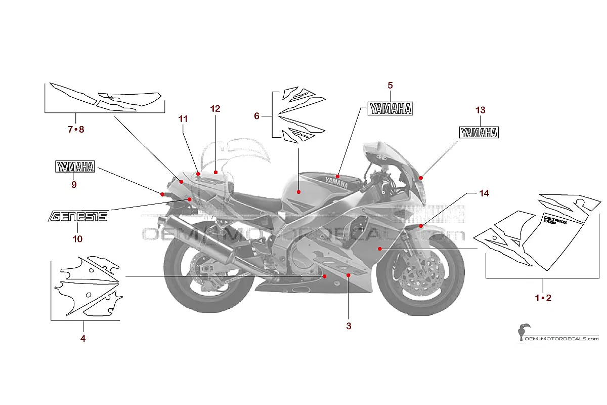 Decals for Yamaha YZF750R 1994 - White • Yamaha OEM Decals
