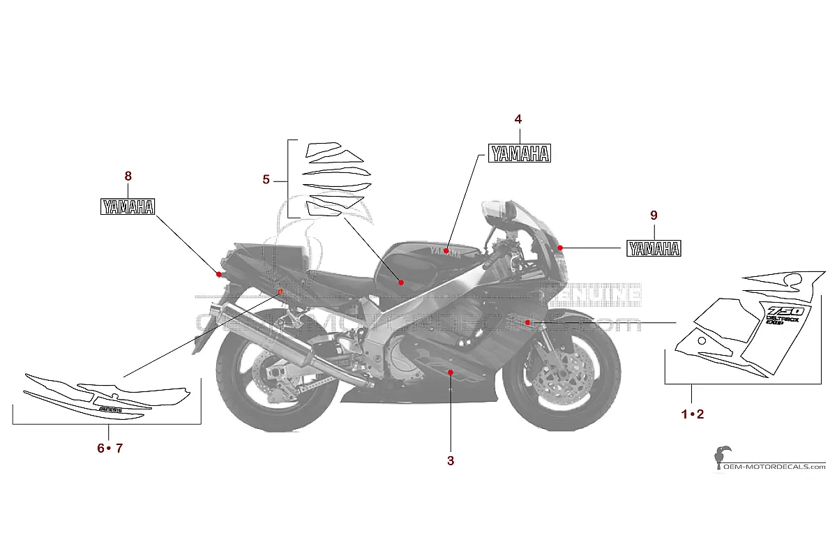 Stickers voor Yamaha YZF750R 1995 - Donkergrijs • Yamaha OEM Stickers