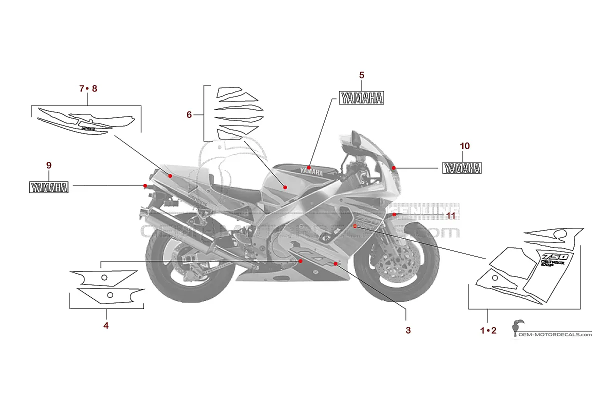 Naklejki do Yamaha YZF750R 1995 - Biały • Yamaha Naklejki OEM