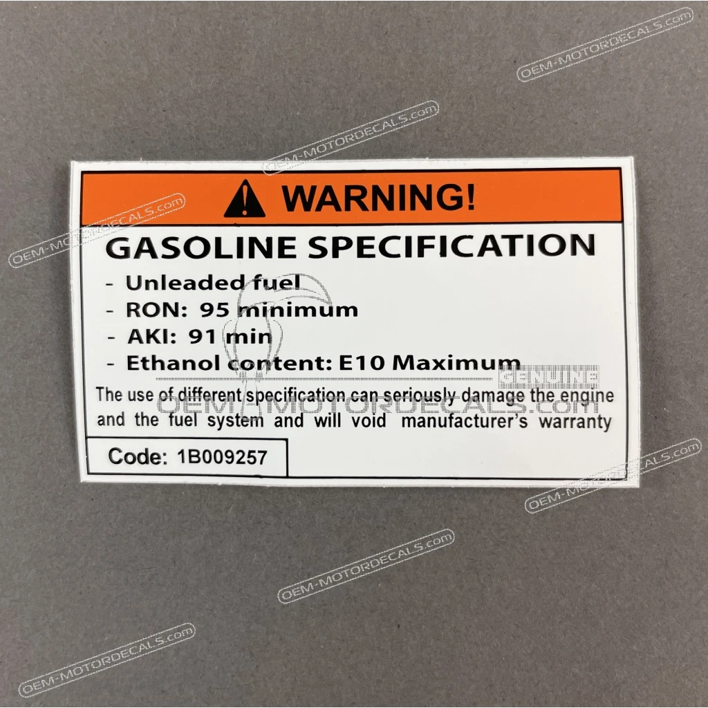 Aprilia SXR 50 Brandstofspecificatie Waarschuwingssticker OEM 1B009257 Brandstofconformiteit