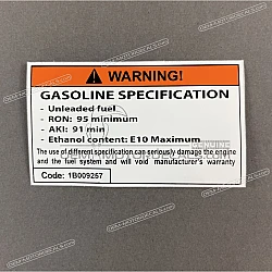 Brandstofspecificatie waarschuwingssticker onder het zadel