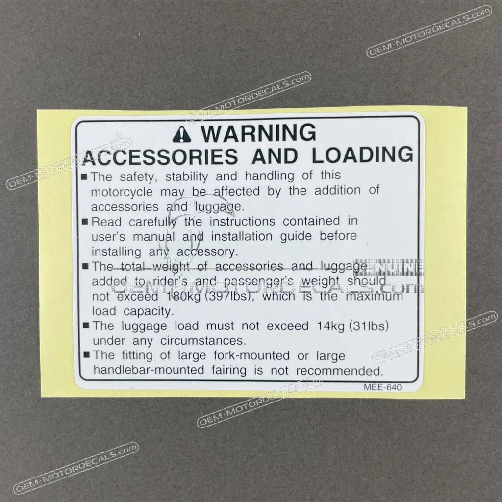 Honda CBR600RR Pegatina advertencia accesorios y carga OEM 87512MEE640