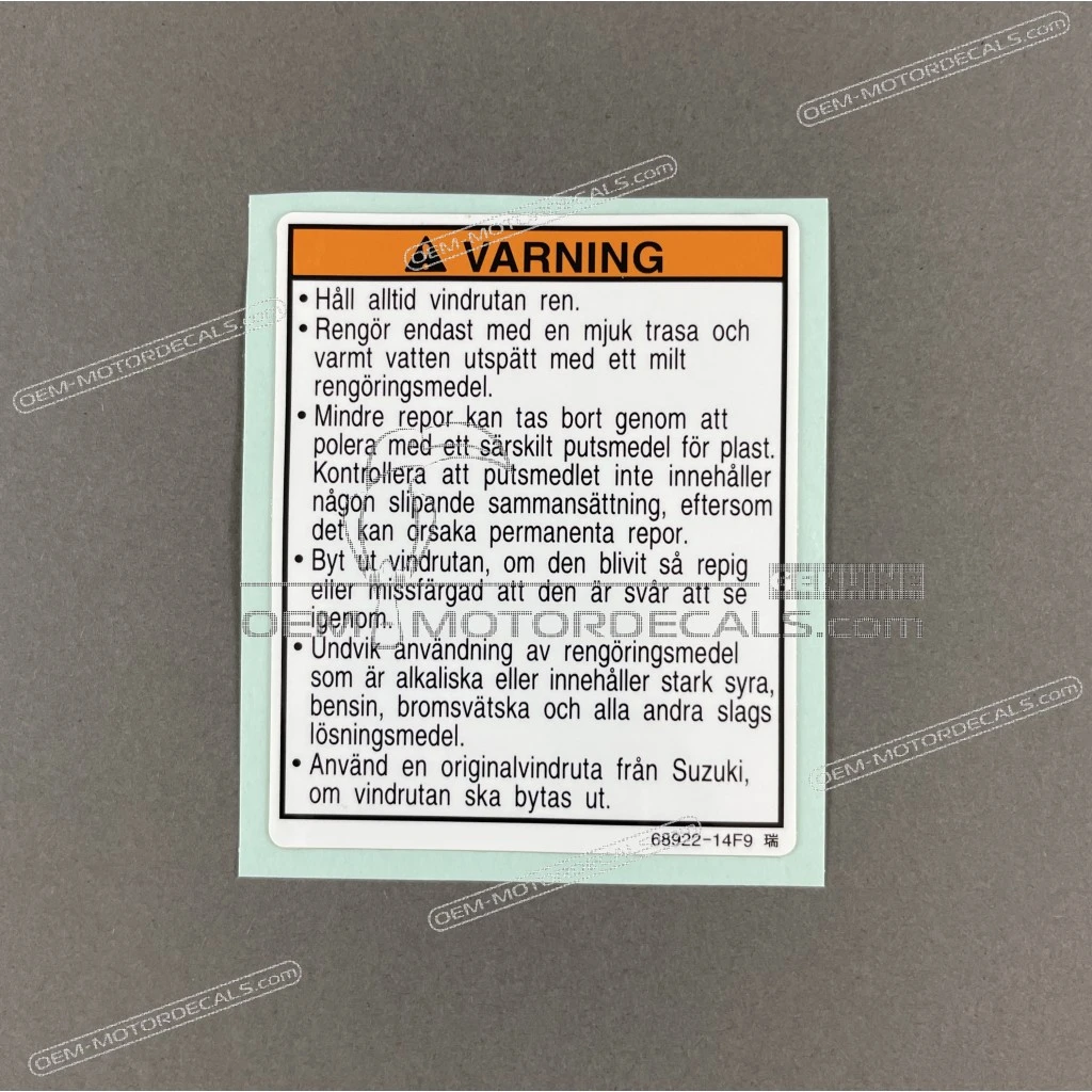 Suzuki GSXR1000 Windscreen Warning Label OEM 6892214F90