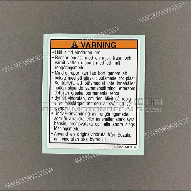 Suzuki GSXR1000 Windscreen Warning Label OEM 6892214F90