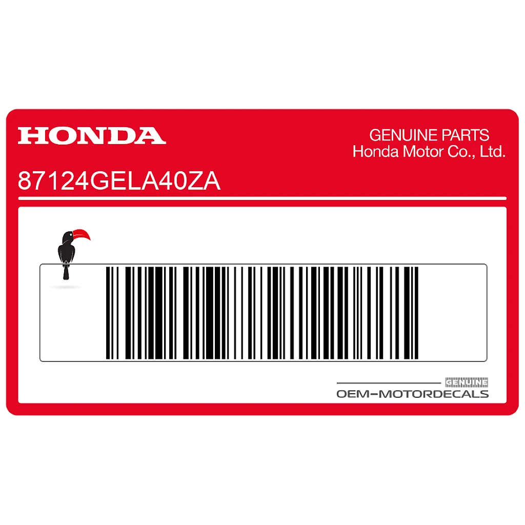 Honda CRF50F Naklejka na osłonę zbiornika paliwa, lewa strona OEM 87124GELA40ZA