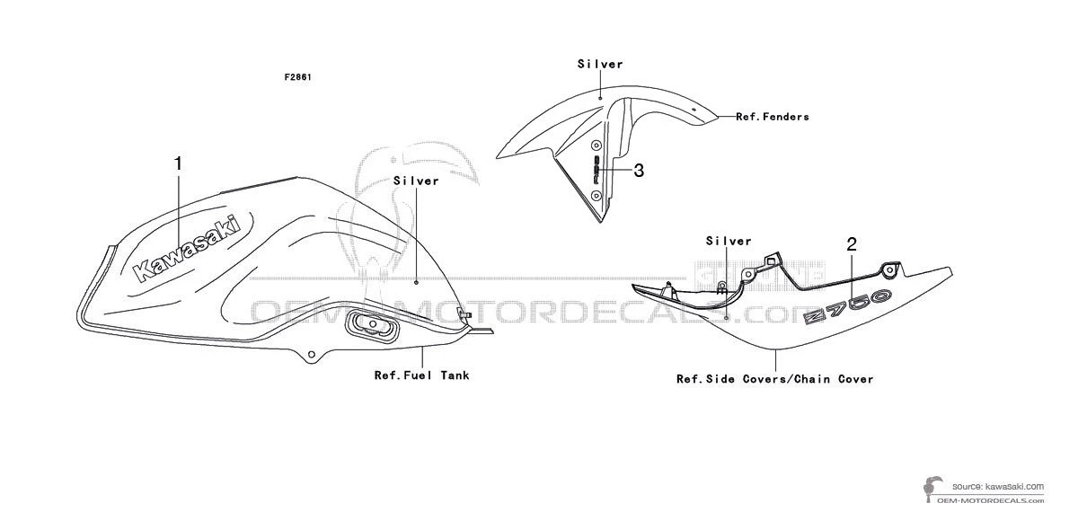 Autocollants pour Kawasaki Z750 2007 - Argent • Kawasaki Autocollants OEM