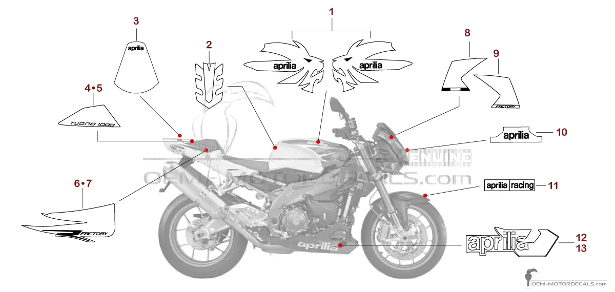 Aufkleber für Aprilia RSV TUONO 1000 R FACTORY 2008 - Rot • Aprilia OEM-Aufkleber