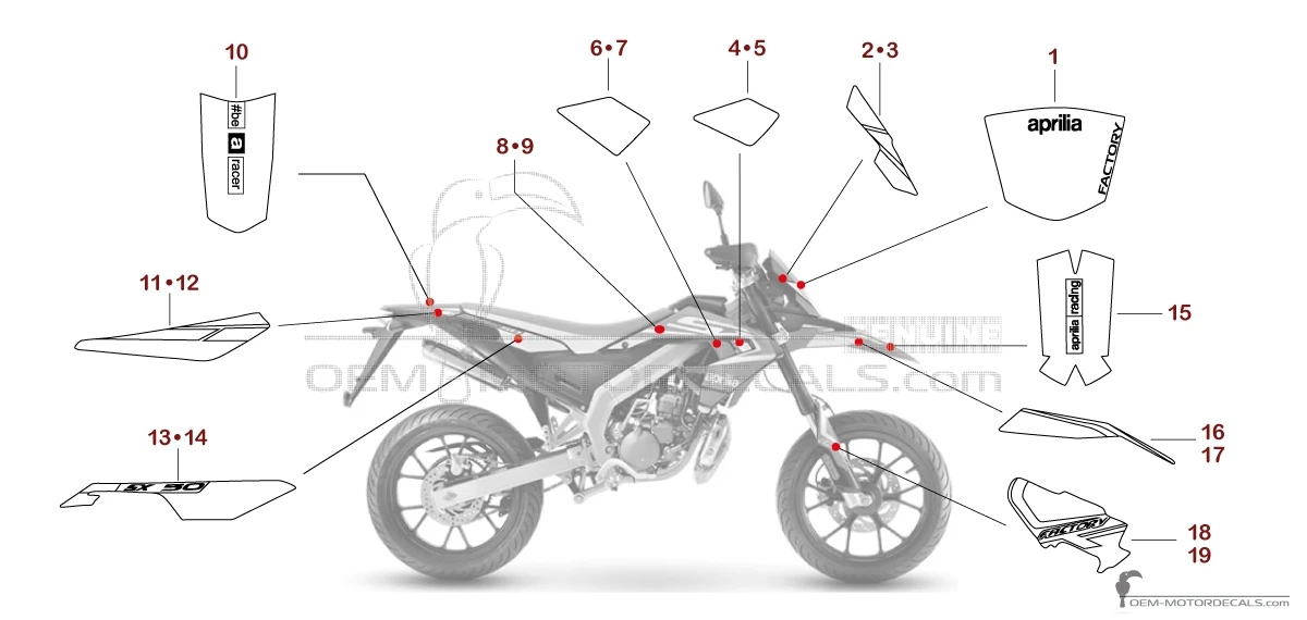 Autocollants pour Aprilia SX50 FACTORY 2019 - Rouge • Aprilia Autocollants OEM