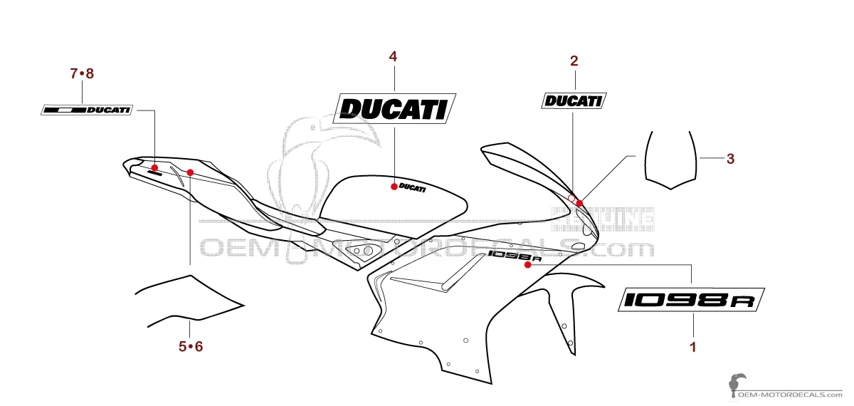 Pegatinas para Ducati 1098 R 2009 - Rojo • Ducati Pegatinas OEM