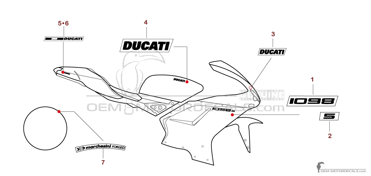 Decals for Ducati 1098 S 2007 - Red • Ducati OEM Decals