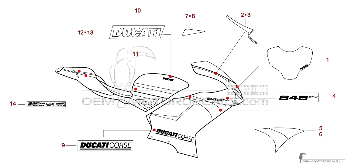 Decals for Ducati 848 EVO CORSE 2012 Special Edition - Black Red • Ducati OEM Decals