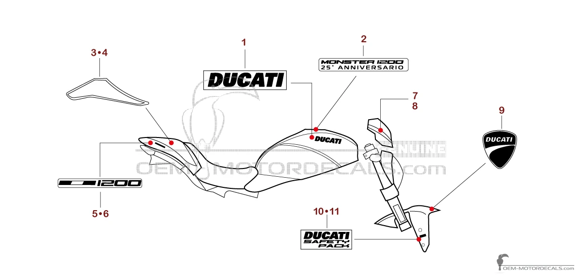 Autocollants pour Ducati MONSTER 1200 25° ANNIVERSARIO 2019 - Blanc • Ducati Autocollants OEM