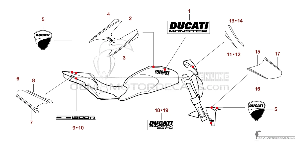Autocollants pour Ducati MONSTER 1200 R 2016 - Noir • Ducati Autocollants OEM