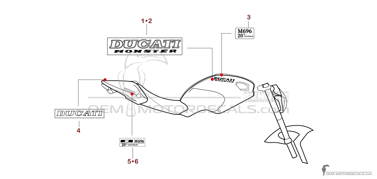 Naklejki do Ducati MONSTER 696 2013 20th Anniversary - Czerwony • Ducati Naklejki OEM