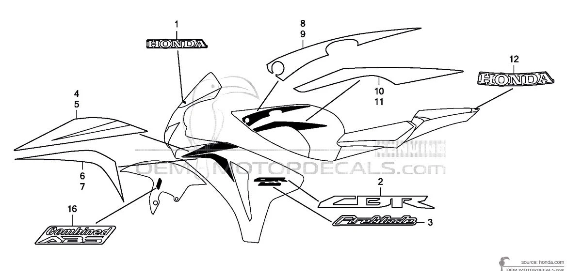 Autocollants pour HONDA CBR1000RR FIREBLADE 2009 - Noir • Honda Autocollants OEM