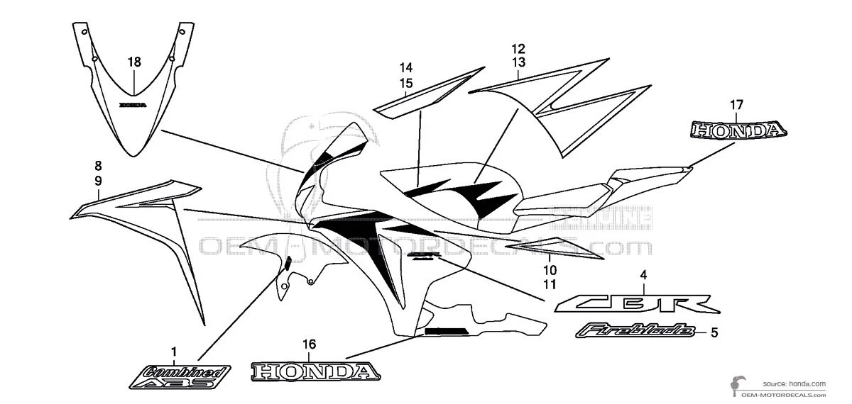 Decals for Honda CBR1000RR FIREBLADE 2010 - Silver • Honda OEM Decals