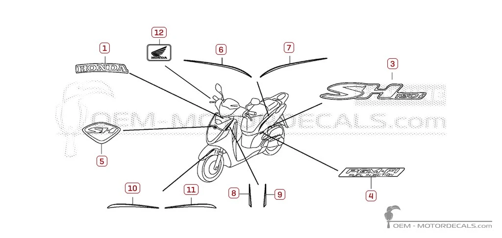 Naklejki do Honda SH150i R 2008 • Honda Naklejki OEM