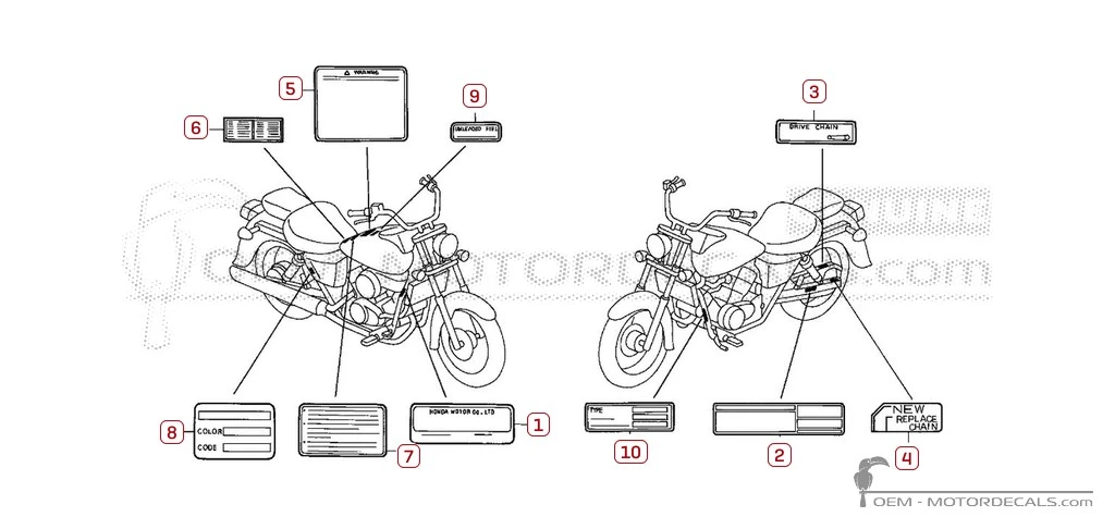 Warnhinweise für VT125C SHADOW 1999 • Honda OEM-Aufkleber Warnhinweise für VT125C SHADOW 1999 • Honda OEM-Aufkleber