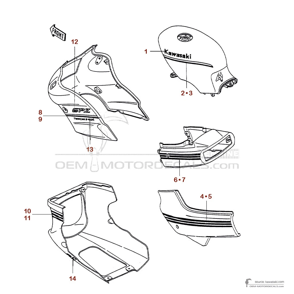Stickers voor Kawasaki GPZ500S 1990 - Rood • Kawasaki OEM Stickers