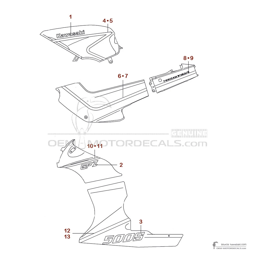 Pegatinas para Kawasaki GPZ500S 1992 - Azul Blanco • Kawasaki Pegatinas OEM