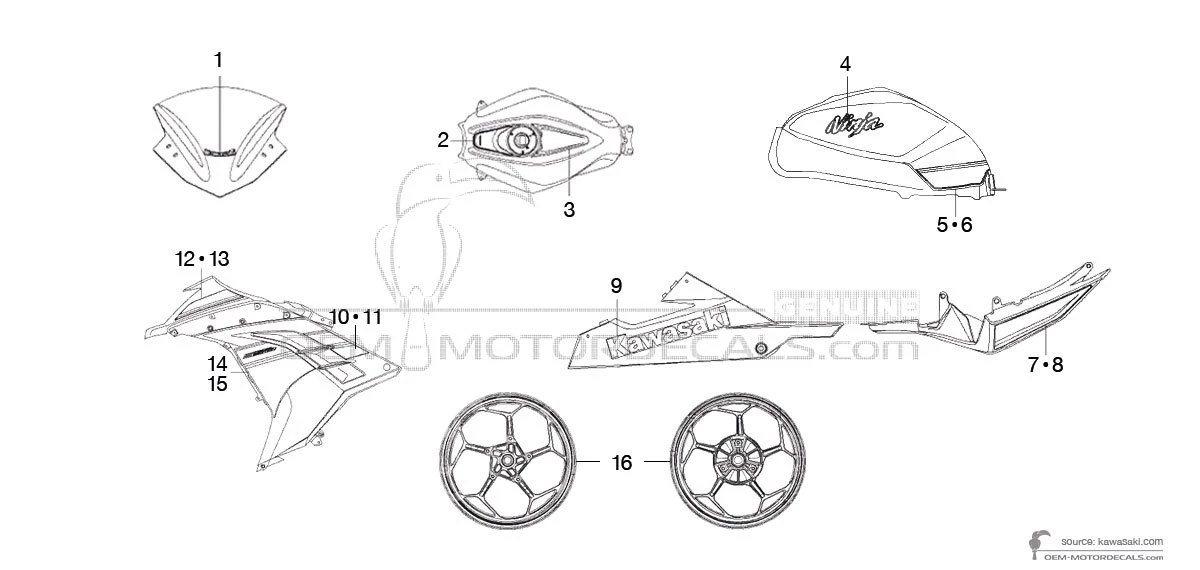 Autocollants pour Kawasaki NINJA 300 2013 - Vert Noir • Kawasaki Autocollants OEM