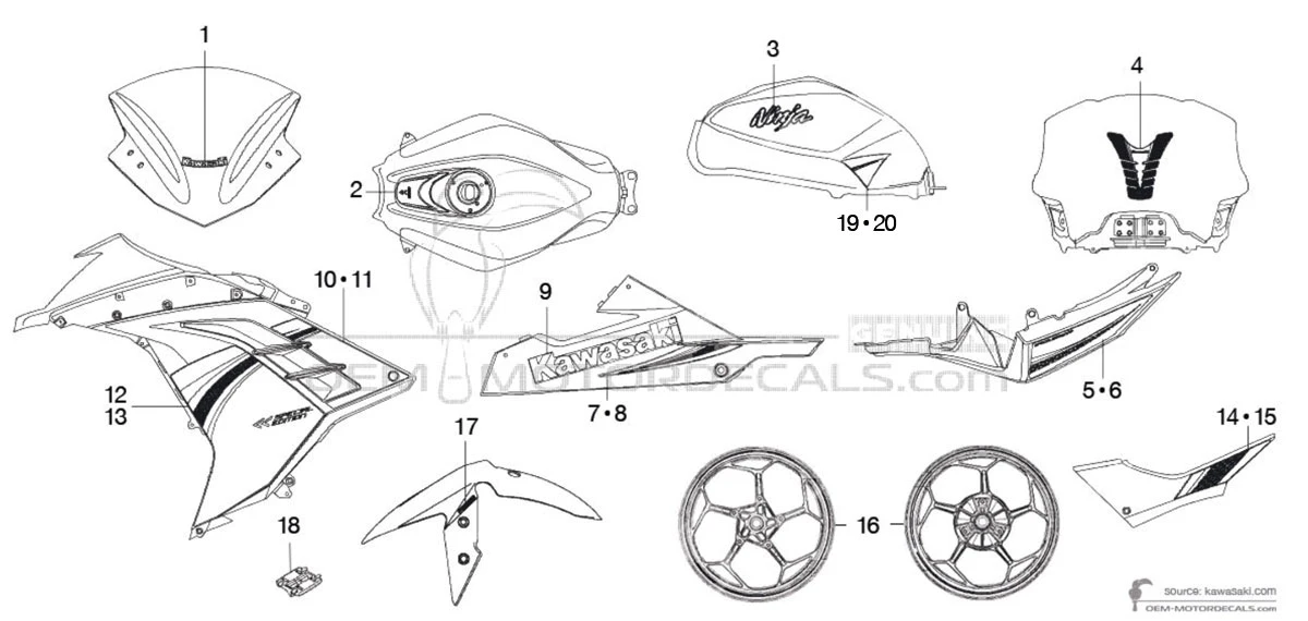 Stickers voor Kawasaki NINJA 300 2014 - Groen Zwart • Kawasaki OEM Stickers