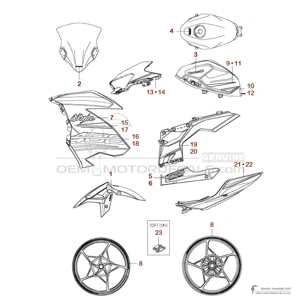 Stickers voor Kawasaki NINJA 400 2018 - Groen Zwart • Kawasaki OEM Stickers
