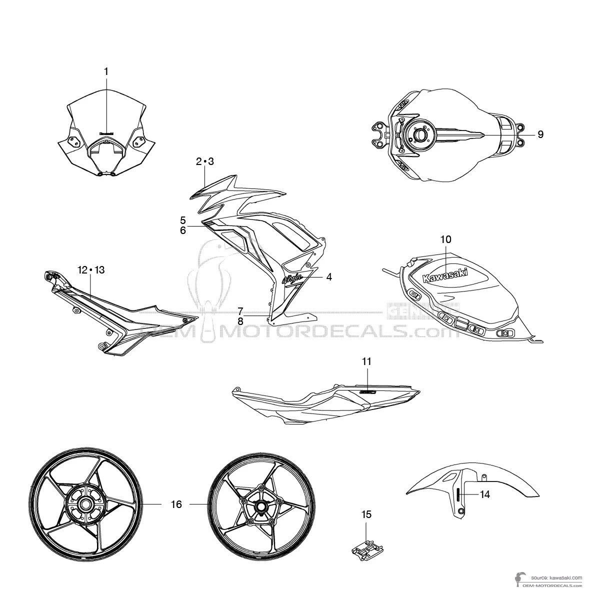 Stickers voor Kawasaki NINJA 650 2020 - Zwart Wit • Kawasaki OEM Stickers