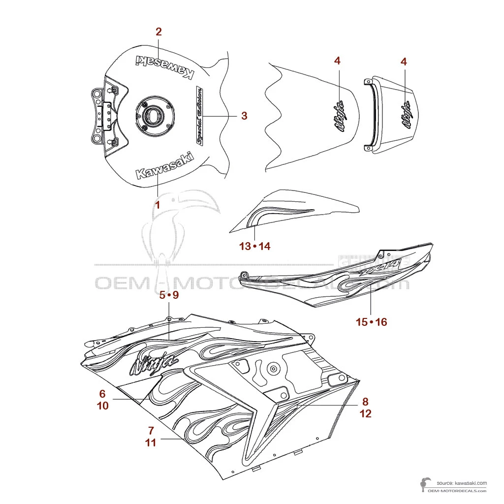 Pegatinas para Kawasaki NINJA ZX14 Special Edition 2007 - Blanco • Kawasaki Pegatinas OEM