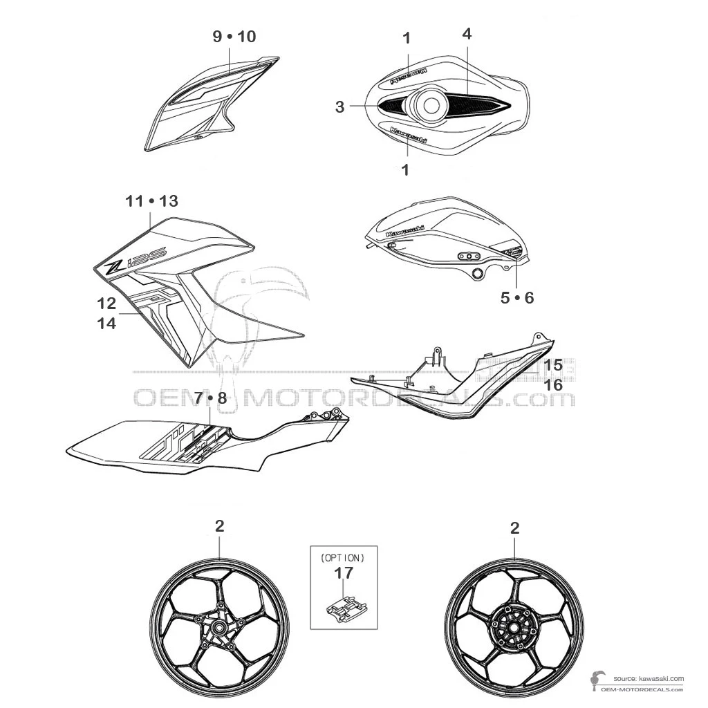 Autocollants pour Kawasaki Z125 2024 - Gris • Kawasaki Autocollants OEM