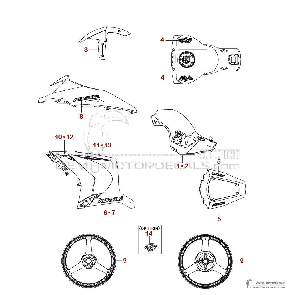 Autocollants pour Kawasaki ZX10R 2014 - Vert • Kawasaki Autocollants OEM