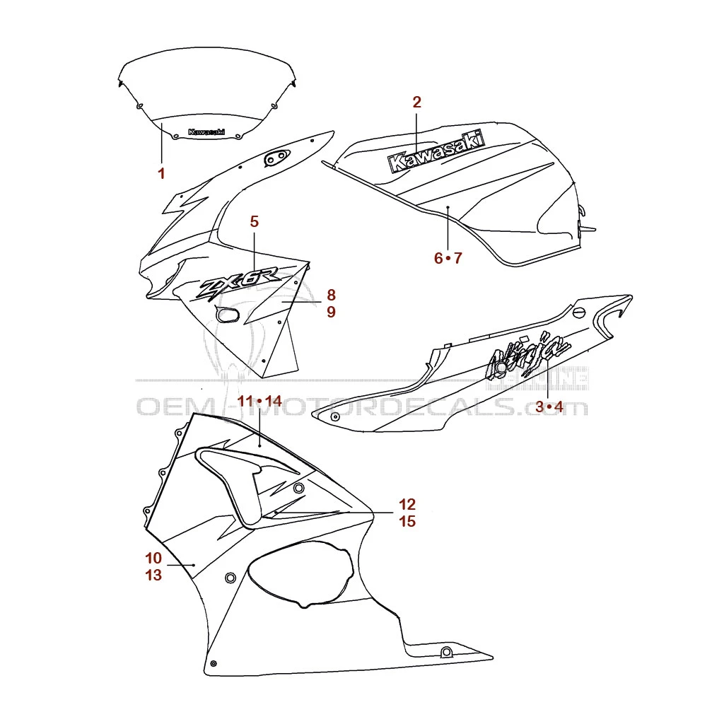 OEM Naklejki Kawasaki ZX6R 1998 - Czerwony • Oryginalne Części