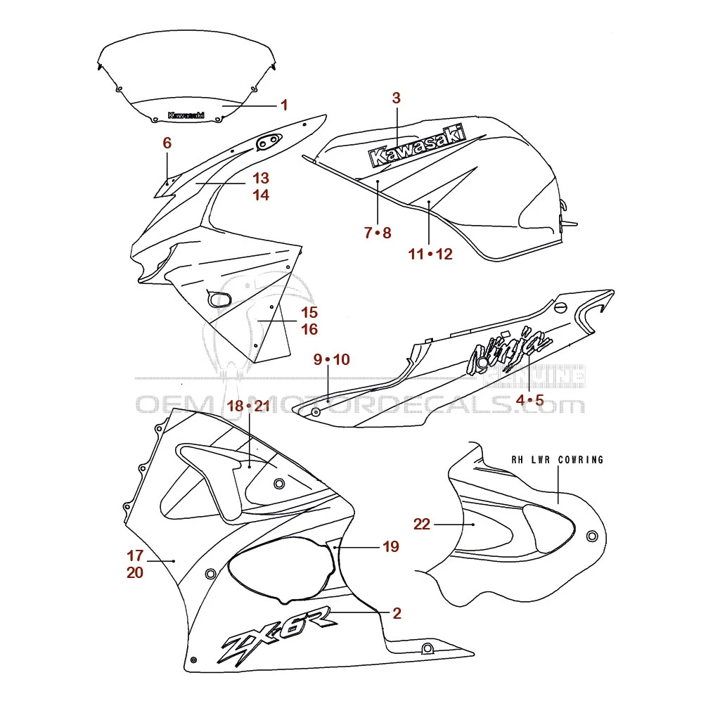 Pegatinas para Kawasaki ZX6R 1999 - Gris • Kawasaki Pegatinas OEM