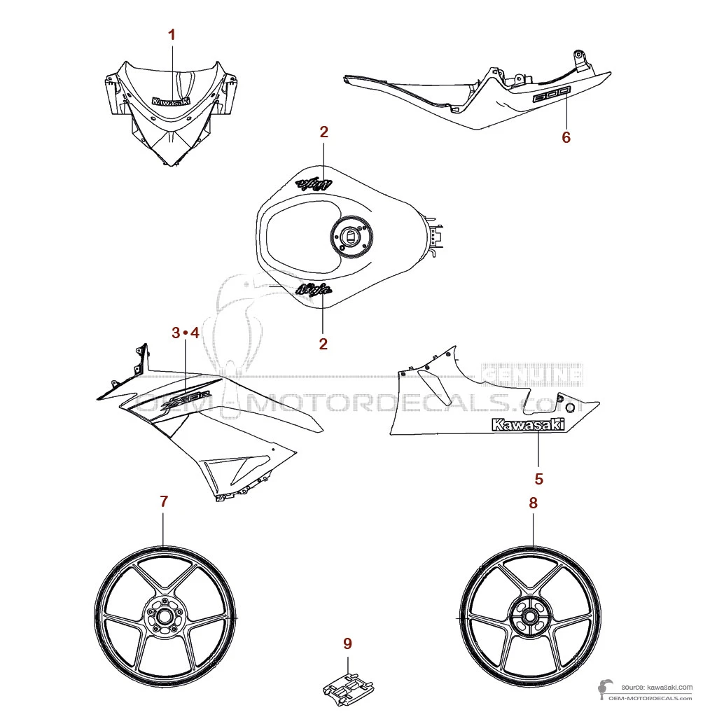 Autocollants pour Kawasaki ZX6R 2012 - Noir • Kawasaki Autocollants OEM