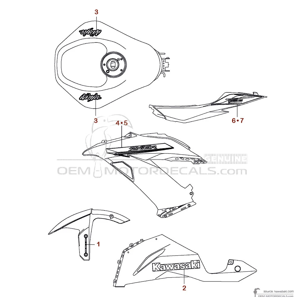 Autocollants pour Kawasaki ZX6R 2014 - Noir • Kawasaki Autocollants OEM