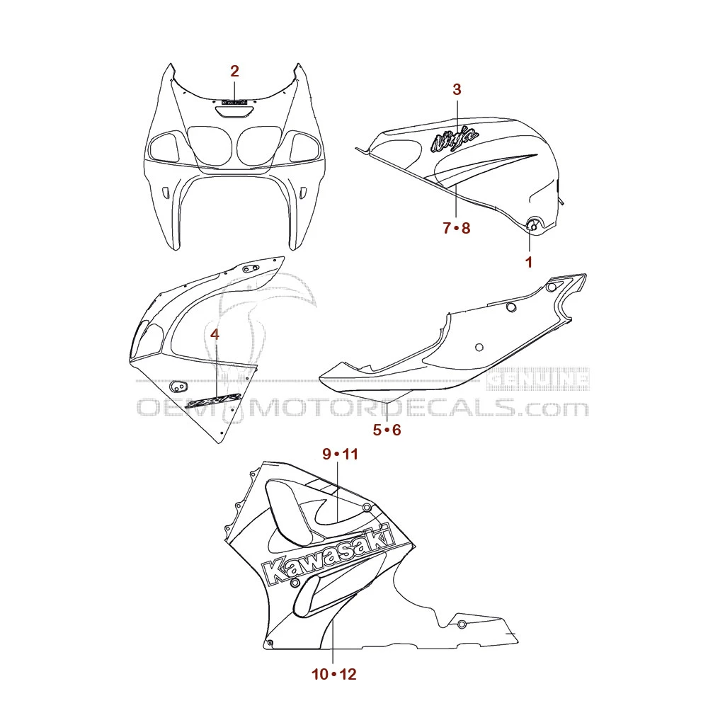 Adesivi per Kawasaki ZX7R 2001 - Verde • Kawasaki Adesivi OEM