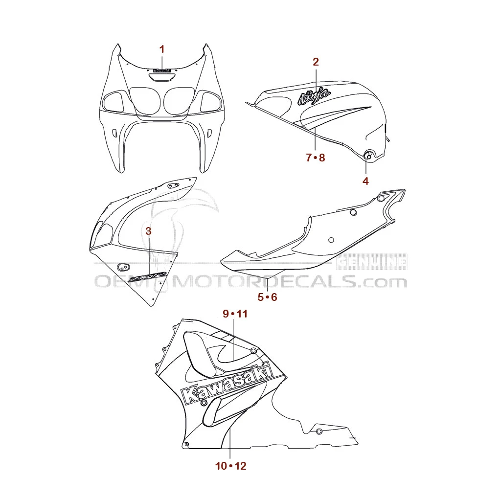 Decals for Kawasaki ZX7R 2001 - Red • Kawasaki OEM Decals